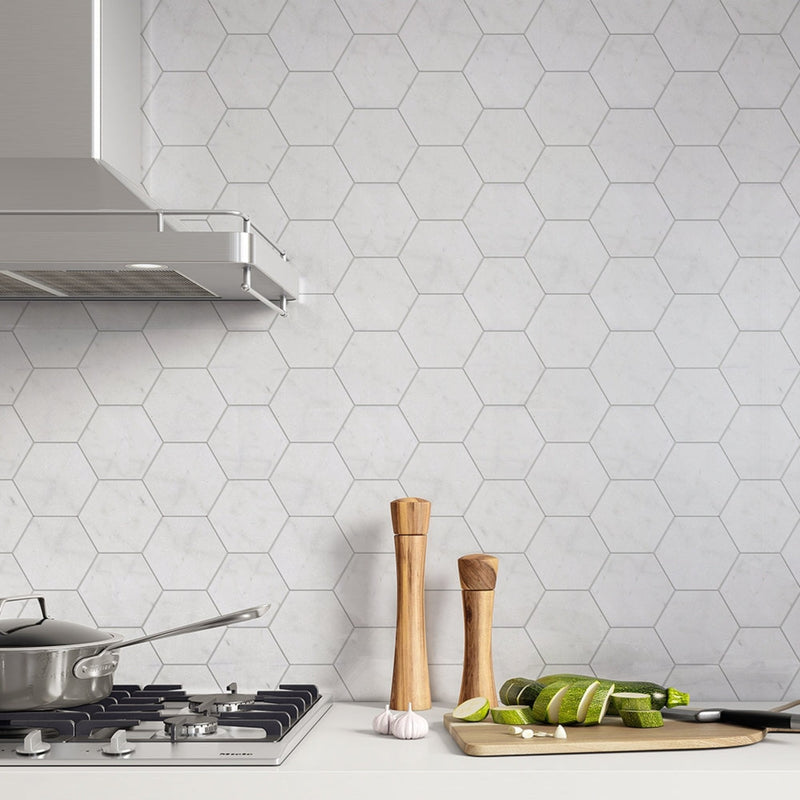 Hexagon Lonte 5 25/32"x5" Polished Marble Waterjet Decos room shot kitchen view