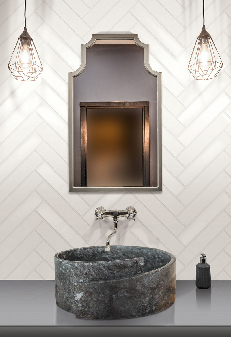 Natural Stone Black Marble Design Above Vanity Bathroom Sink Polished (D)16" (H)6" installed bathroom with ceramic herringbone tiles on the wall wall hung lamps and mirror on the wall
