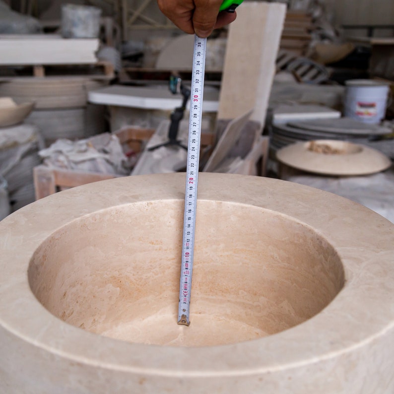 Natural stone light beige travertine round sink honed d18 h8 SPNSLBTS33 product shot measure view