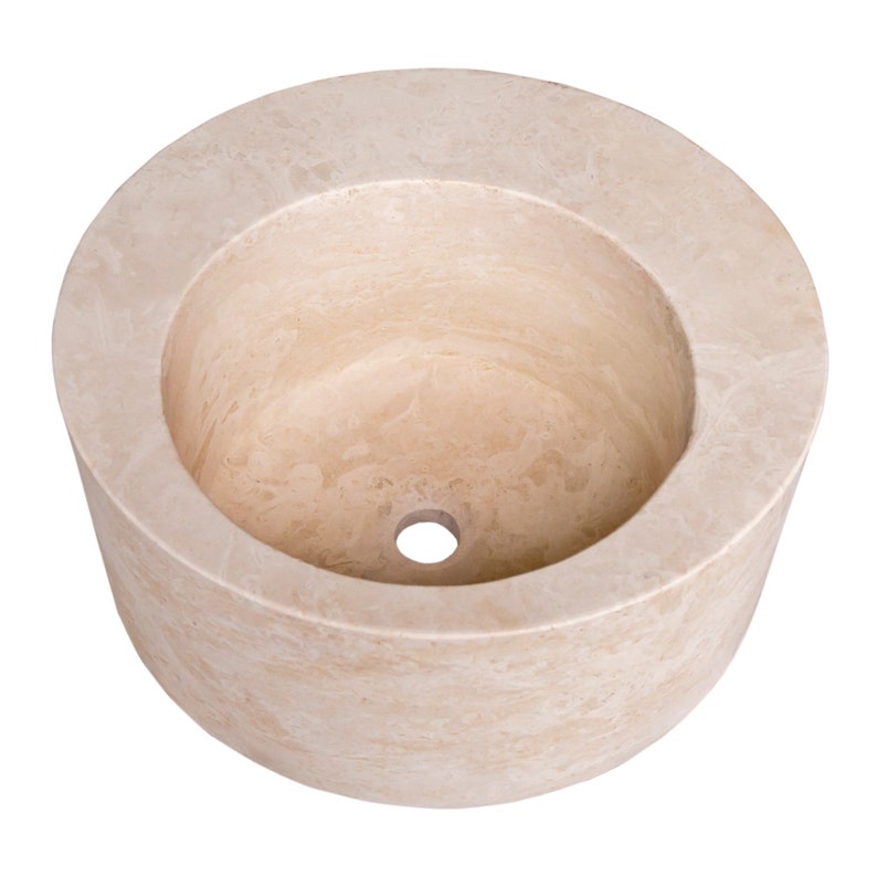 Natural stone light beige travertine round sink honed d18 h8 SPNSLBTS33 product shot top view 2