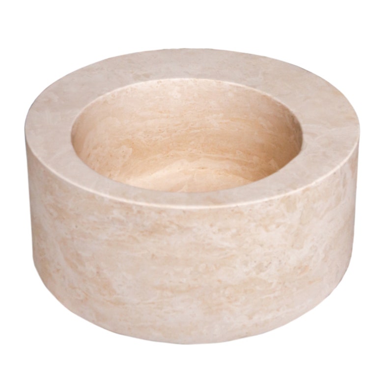 Natural stone light beige travertine round sink honed d18 h8 SPNSLBTS33 product shot top view