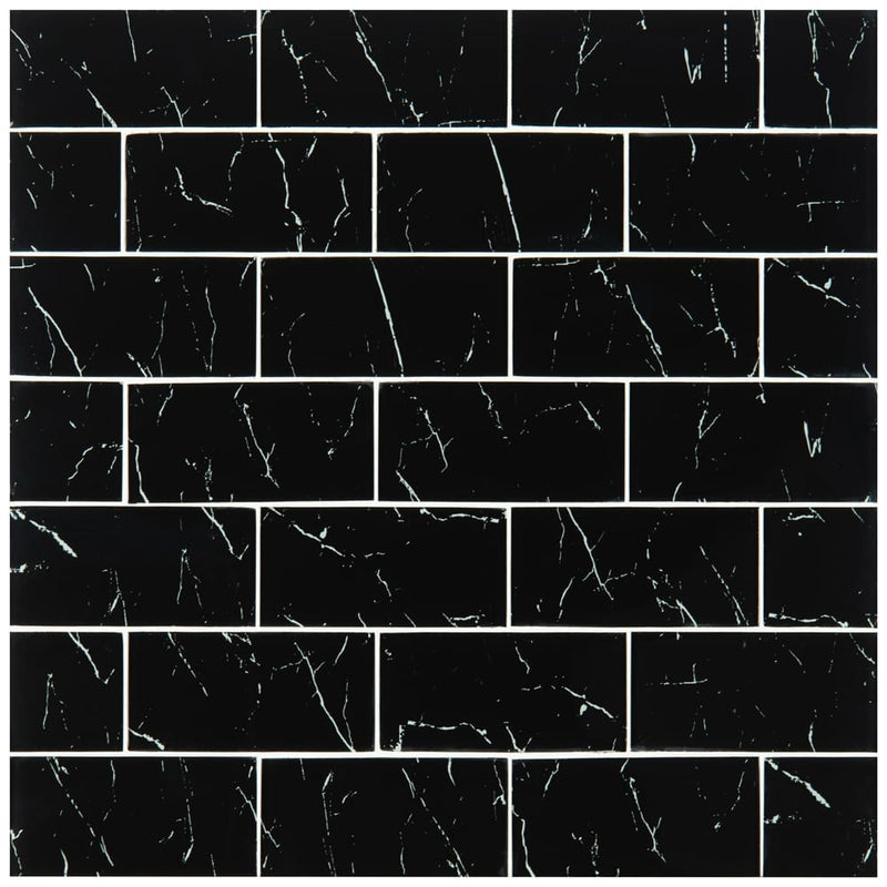 Nero marquina 3x9 matte glass black subway tile SMOT-GL-T-NERMAR39 product shot wall view