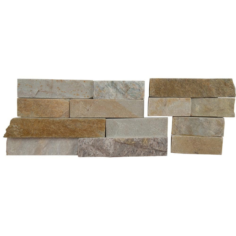 New golden white splitface ledger corner 6X18 natural quartzite wall tile LPNLQNEWGLDWHI618COR product shot multiple tiles close up view