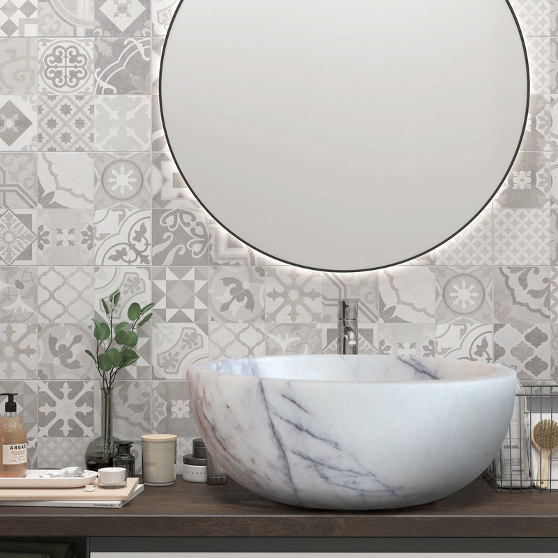 New York White Marble Round Bathroom Above Vanity Sink Polished (D)12" (H)5" installed bathroom above wooden vanity