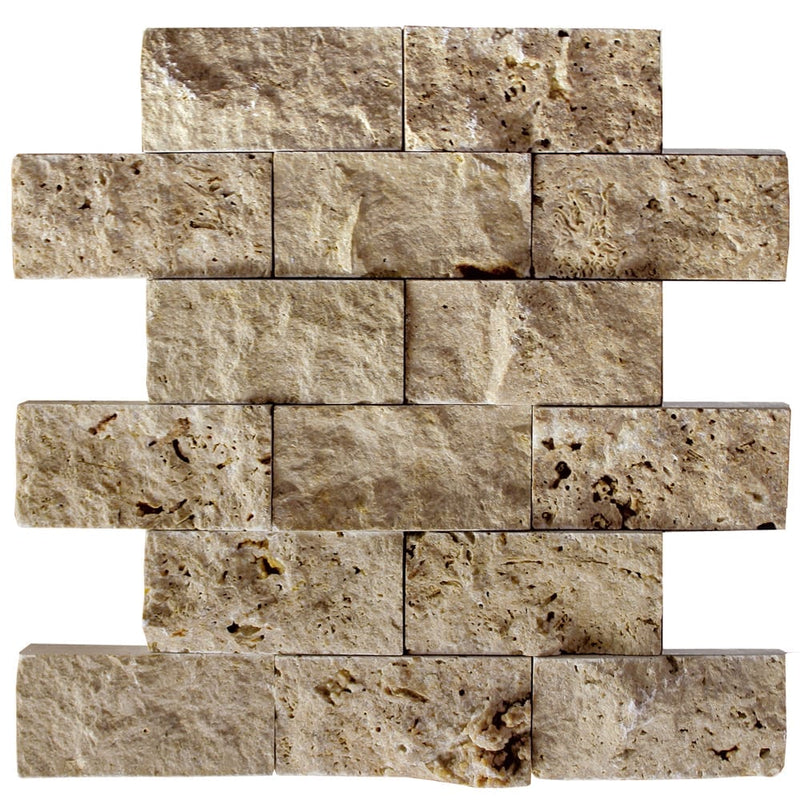 Noce brown travertine mosaic 2x4 stacked stone splitface DP 06-02 top view