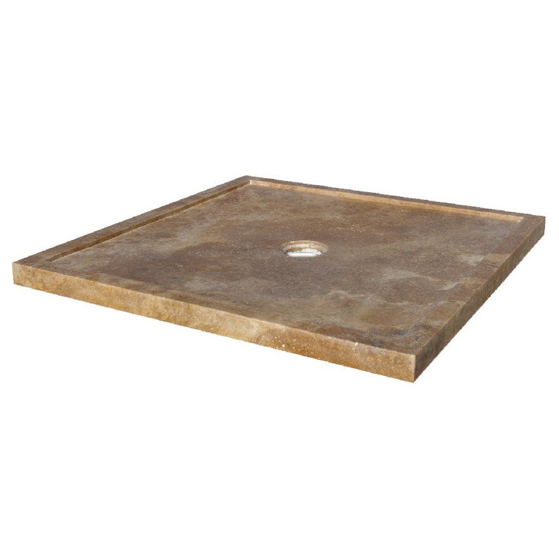 Noce Brown Travertine Square Shower Base Hand-carved from Solid Travertine Block (W)36" (L)36" (H)2"  angle view