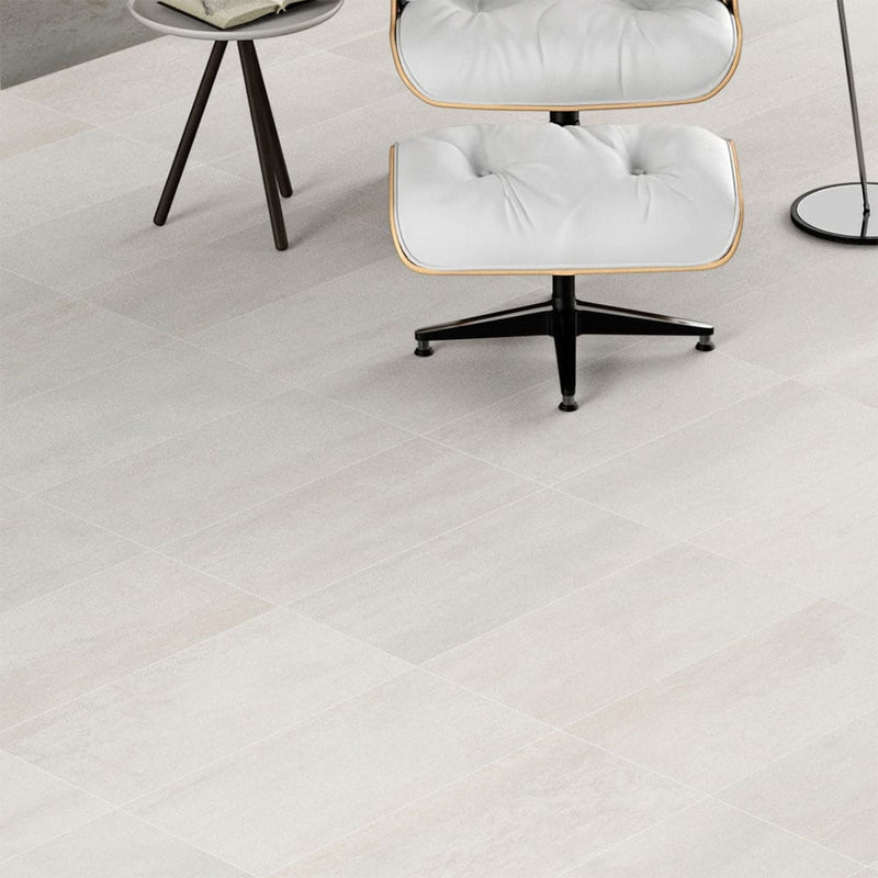 Oxide blanc 24x48 mattepo rcelain floor and wall tile NOXIBLA2448 product shot living room closeup view
