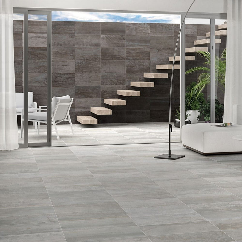 Oxide magnetite 24x48 matte porcelain floor and wall tile NOXIMAG2448 product shot Staircase view