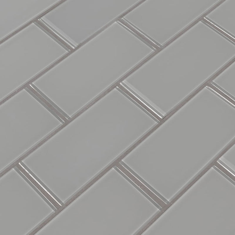 Oyster gray 3x6 glossy glass subway tile SMOT GL T OYGR36 product shot angle view