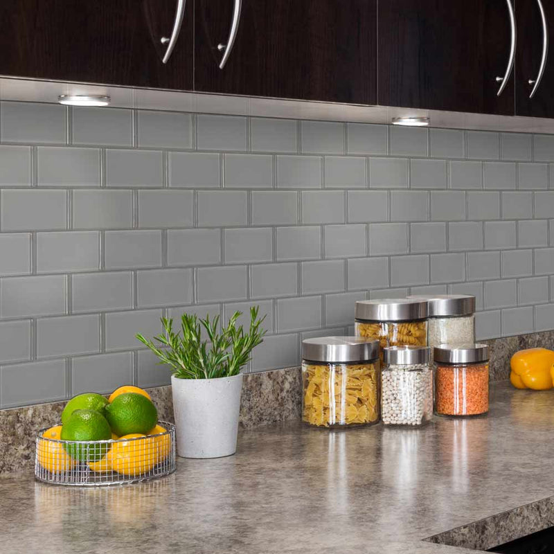 Oyster gray subway 11.88 in x 13.88 in glass meshmounted mosaic tile SMOT-GLSST-OYGR8MM kitchen view