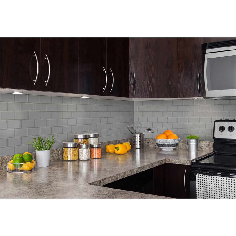 Oyster gray subway 11.88X13.88 glass mesh mounted mosaic tile SMOT GLSST OYGR8MM product shot kitchen view