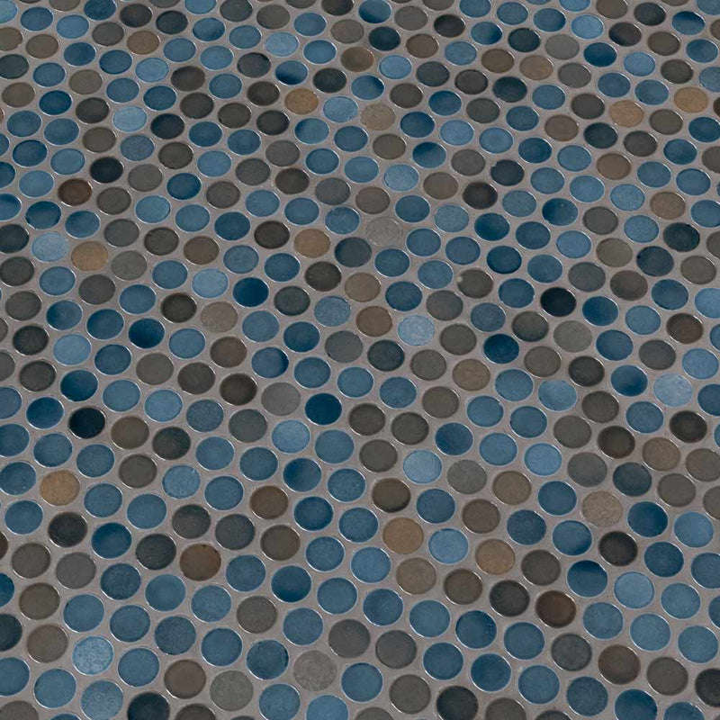 Penny round azul 11.5X12.63 porcelain mesh mounted mosaic tile SMOT-PT-PENRD-AZUL product shot multiple tiles angle view