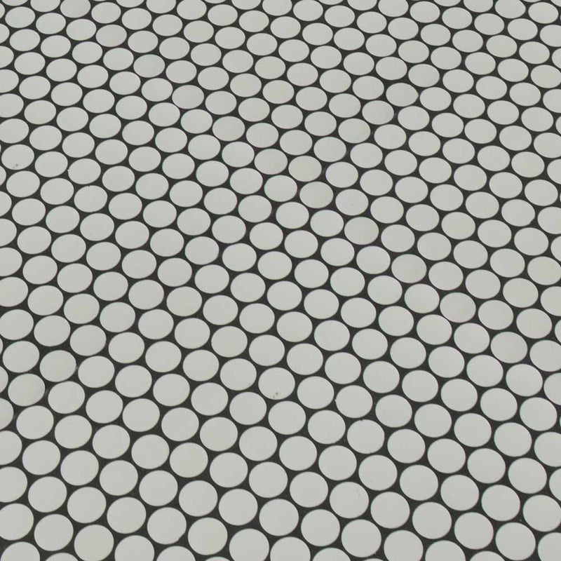 Penny round bianco 11.5X11.63 matte porcelain mesh mounted mosaic tile SMOT-PT-PENRD-BIAM product shot multiple tiles angle view