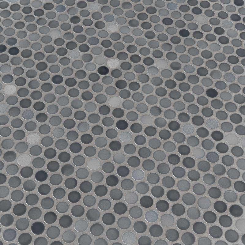 Penny round grigio mix 12.25X12.88 glossy ceramic mesh mounted mosaic tile SMOT-PT-PENRD-GRIMIX product shot multiple tiles angle view