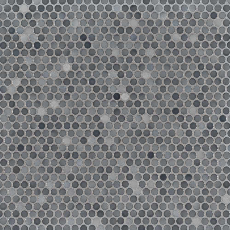 Penny round grigio mix 12.25X12.88 glossy ceramic mesh mounted mosaic tile SMOT-PT-PENRD-GRIMIX product shot multiple tiles top view