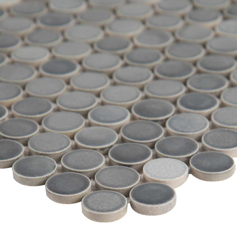 Penny round grigio mix 12.25X12.88 glossy ceramic mesh mounted mosaic tile SMOT-PT-PENRD-GRIMIX product shot profile view