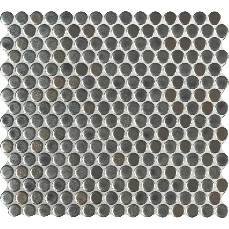 Penny round metallico 11.3X12.2 glossy porcelain mesh mounted mosaic tile SMOT-PT-PENRD-METAL product shot multiple tiles close up view