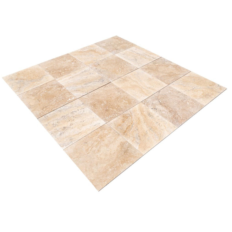 Philly travertine tile 12x12 honed filled PHL18x18HF product shot 16 tiles angle view
