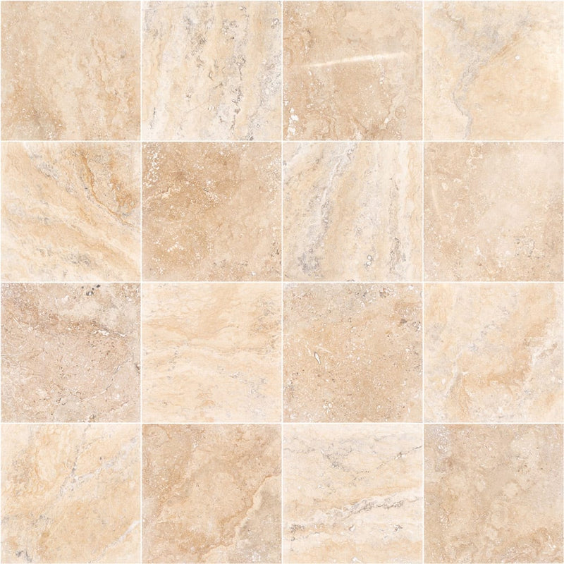 Philly travertine tile 12x12 honed filled PHL18x18HF product shot 16 tiles top view white grouted