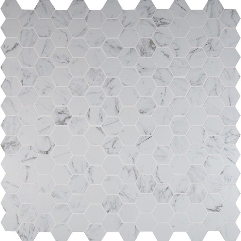 Pietra carrara hexagon 12X12 glazed porcelain mesh mounted mosaic tile NCAR2X2HEX-N product shot multiple tiles top view