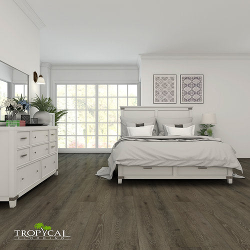 Laminate Hardwood 7.75" Wide, 72" RL, 12mm Thick Textured Legendary Pitch Amber Floors - Mazzia Collection product shot bedroom view 2