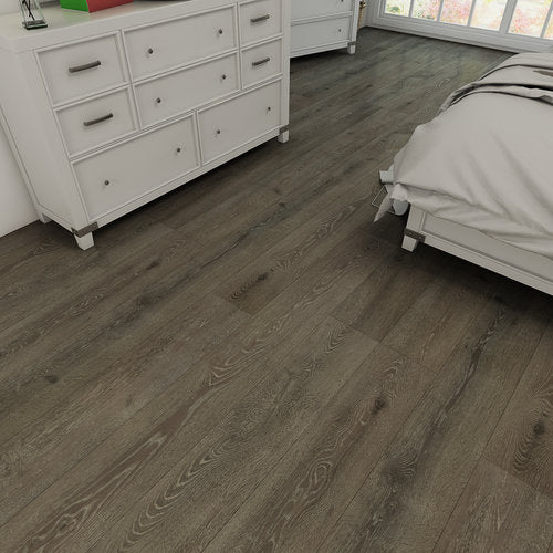 Laminate Hardwood 7.75" Wide, 72" RL, 12mm Thick Textured Legendary Pitch Amber Floors - Mazzia Collection product shot bedroom view 3