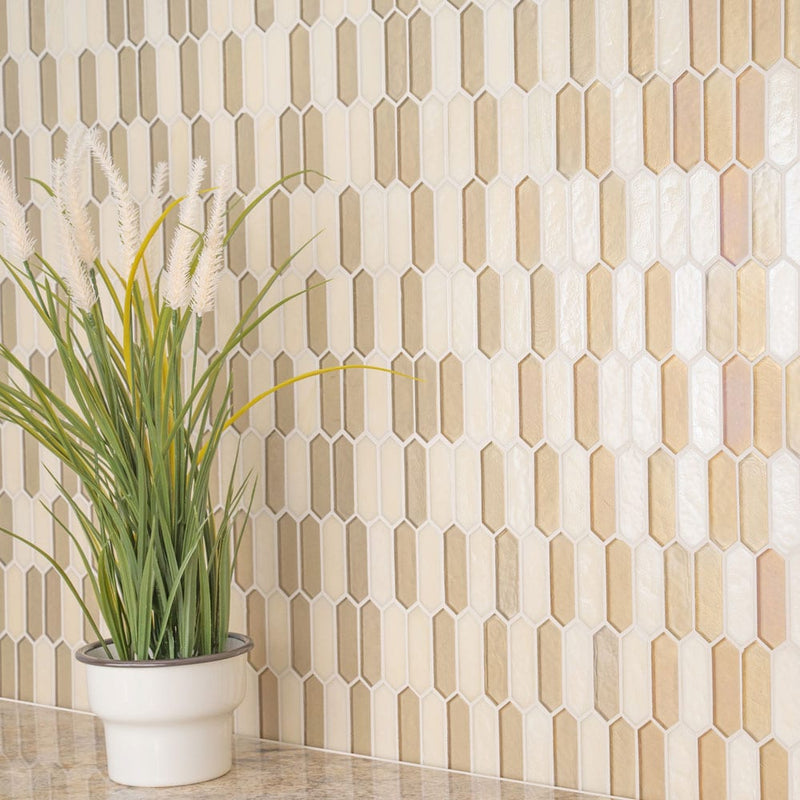 Pixie gold 9.82" x 11.5" paper face glass mosaic wall tile SMOT-GLSPK-PIXGLD6MM product shot room view 2