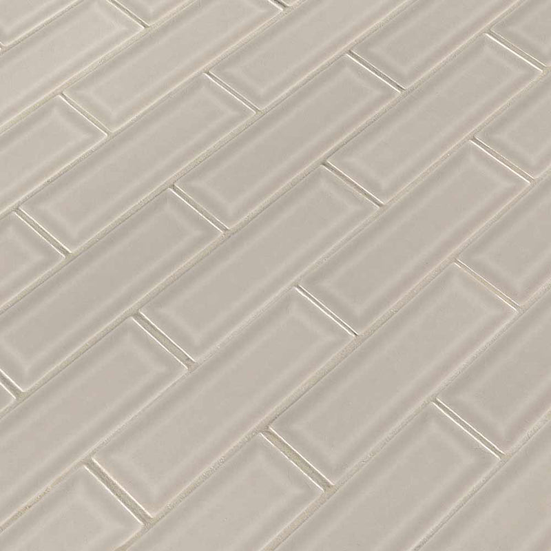 Portico pearl beveled 12X12 glossy ceramic mesh mounted mosaic tile SMOT-PT-PORPEA-2X6B product shot multiple tiles angle view