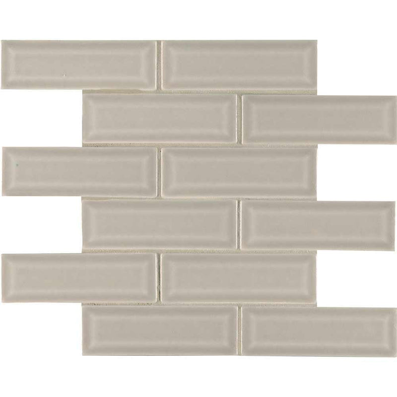 Portico pearl beveled 12X12 glossy ceramic mesh mounted mosaic tile SMOT-PT-PORPEA-2X6B product shot multiple tiles close up view