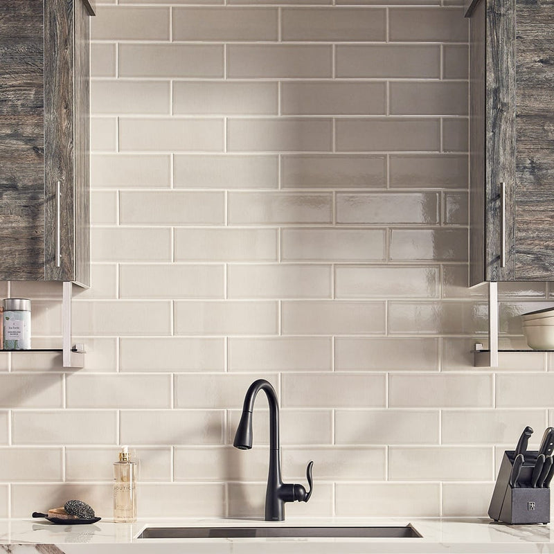 Portico pearl handcrafted 4x12 glossy ceramic wall tile SMOT-PT-PORPEA412 product shot kitchen view4