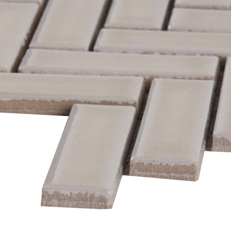 Portico pearl herringbone 11.3X12.56 glossy ceramic mesh mounted mosaic tile SMOT-PT-PORPEA-HB product shot profile view