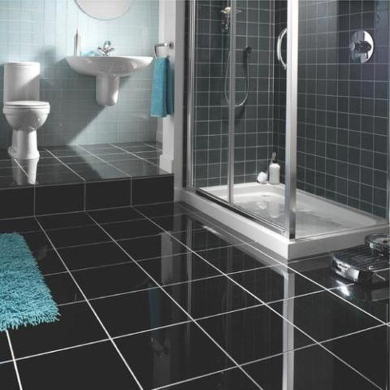 Premium black 12x12 honed granite floor and wall tile TPBLACK1212HN product shot bathroom view