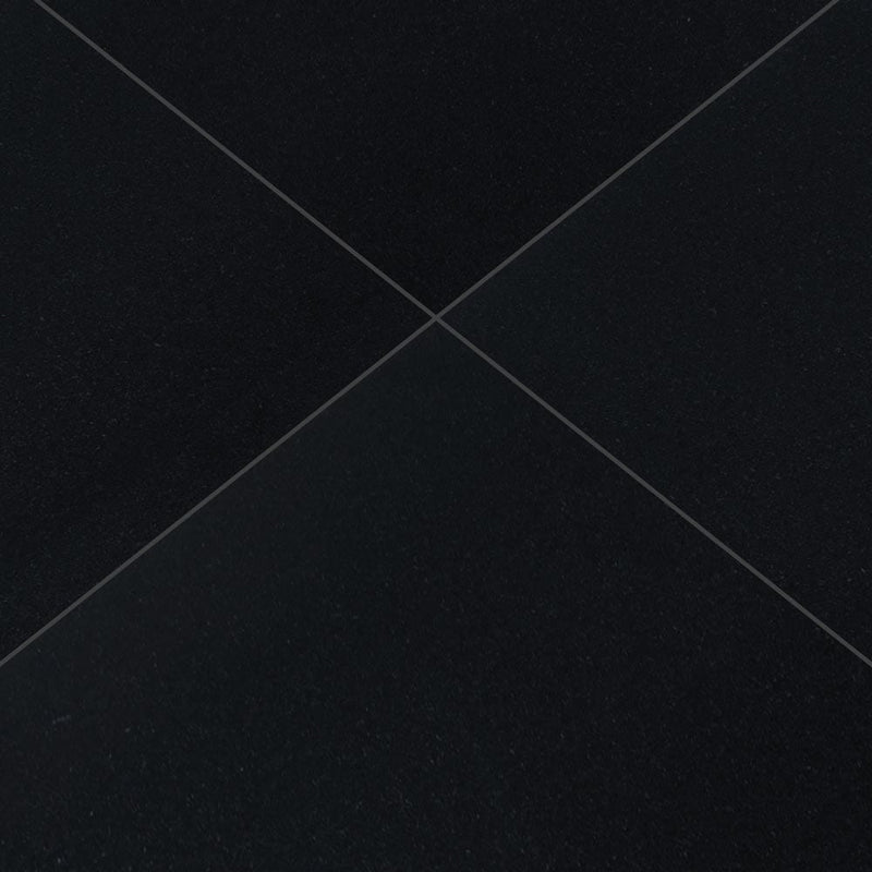 Premium black 12x12 honed granite floor and wall tile TPBLACK1212HN product shot multiple tiles top angle view