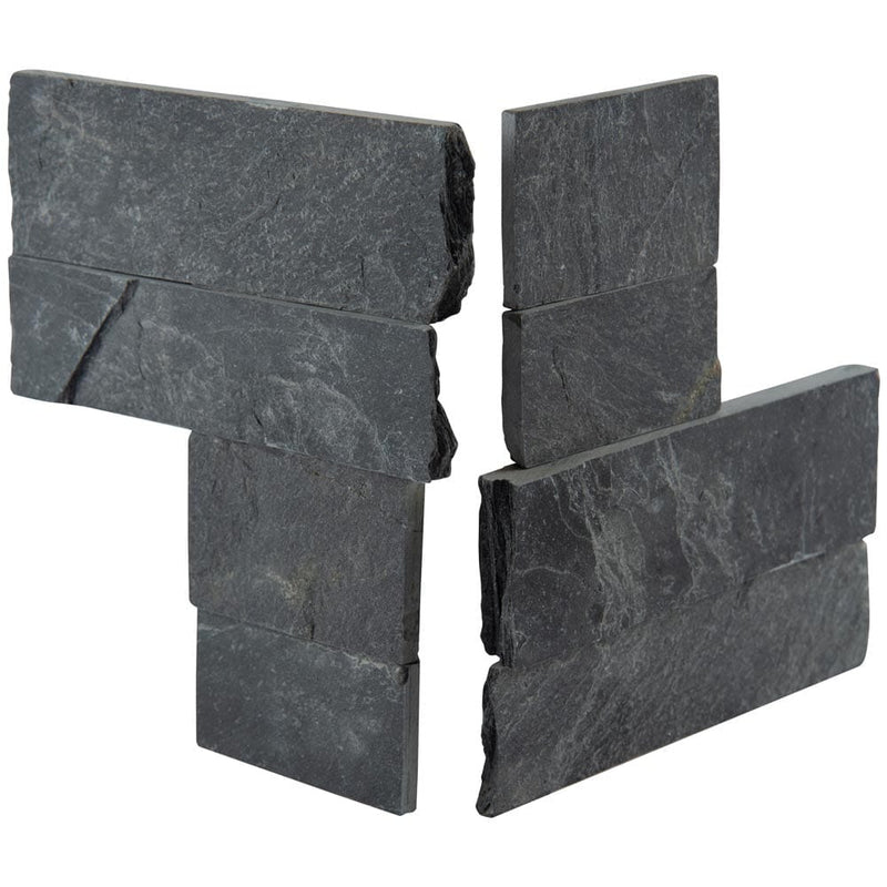 Premium black mini splitface ledger corner 4.5X9 natural slate wall tile LPNLSPREBLK4.59COR MINI product shot multiple tiles angle view