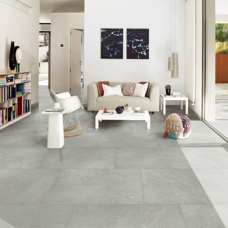 Quartz white 24"x48" glazed porcelain floor and wall tile NQUAWHI2448 product shot room view