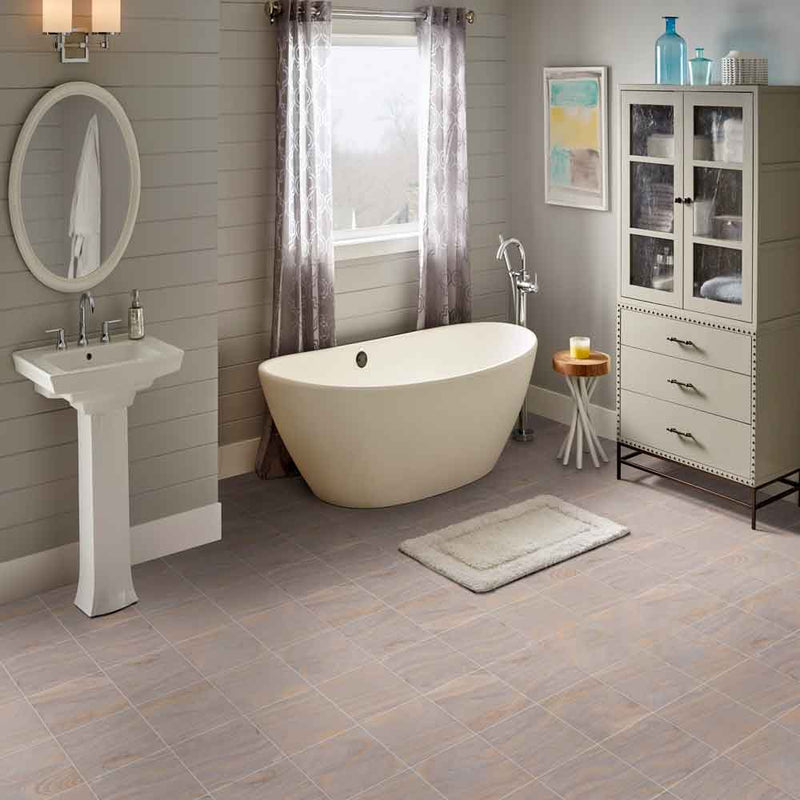 Rainbow teakwood 12 in x 12 in honed sandstone floor and wall tile STEKRAIN1212G product shot bathroom view