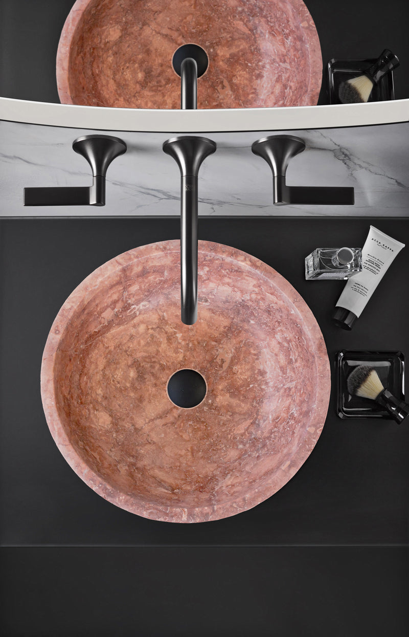 Red Travertine Natural Stone Round Above Vanity Bathroom Sink Honed/Matte (D)16" (H)6" bathroom view from top black faucet and black vanity hand-cream and lotion with shaving brush