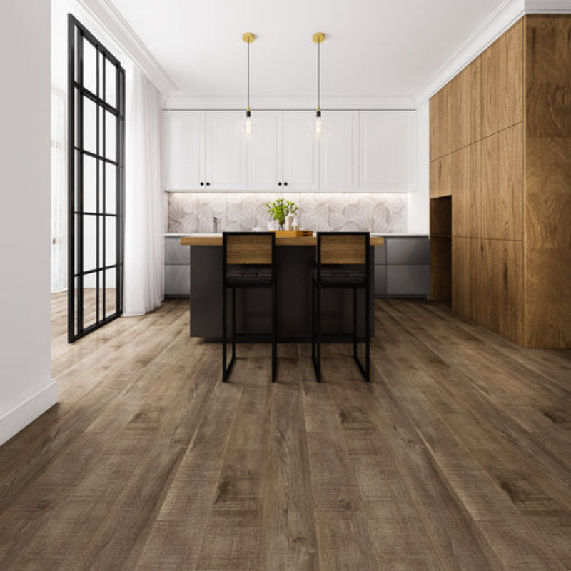 Laminate Hardwood 7.75" Wide, 72" RL, 12mm Thick Textured Summa Refined Brass Floors - Mazzia Collection product shot dinning view