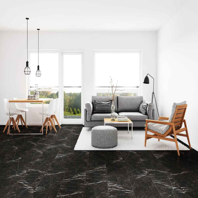 Regallo marquina noir 12x24 matte porcelain floor and wall tile NREGMARNOI1224 product shot room view