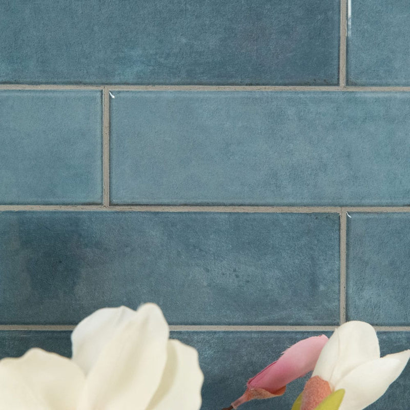 Renzo denim 3x12 glossy ceramic blue wall tile NRENDEN3X12 product shot multiple tiles kitchen view 1