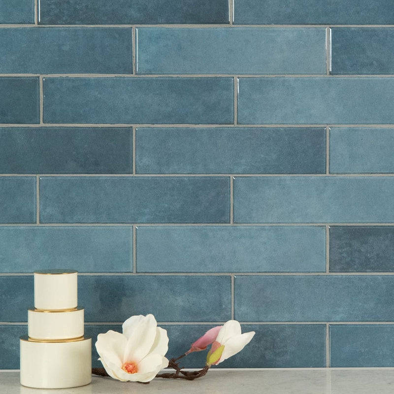 Renzo denim 3x12 glossy ceramic blue wall tile NRENDEN3X12 product shot multiple tiles kitchen view 2