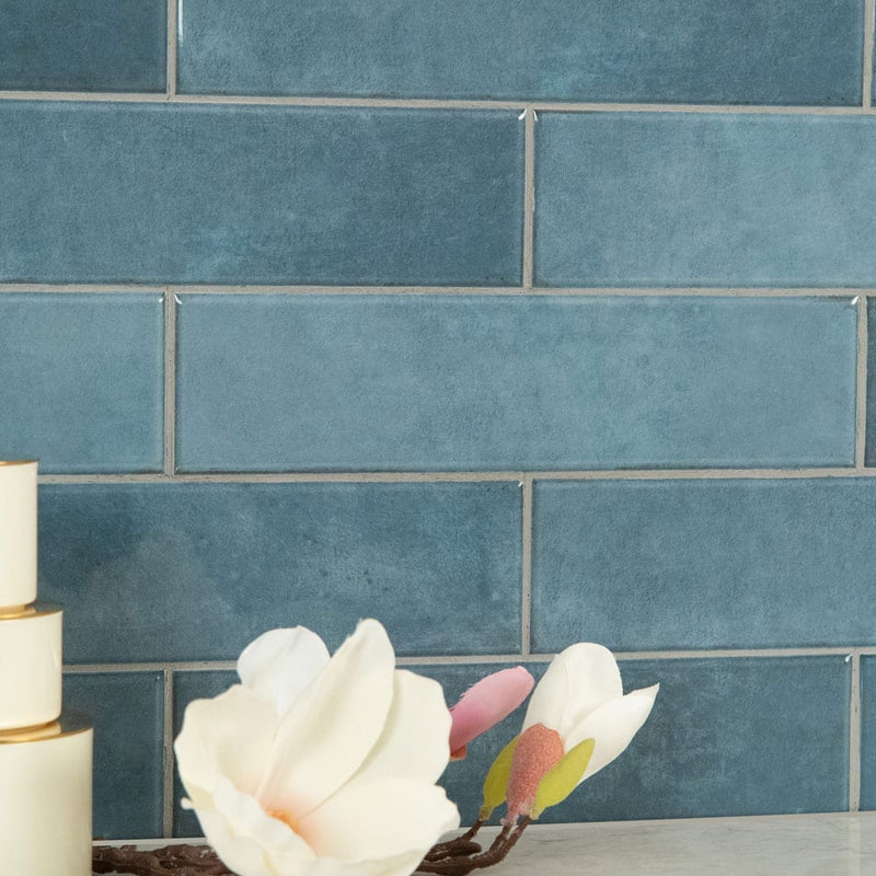 Renzo denim 3x12 glossy ceramic blue wall tile NRENDEN3X12 product shot multiple tiles kitchen view 3