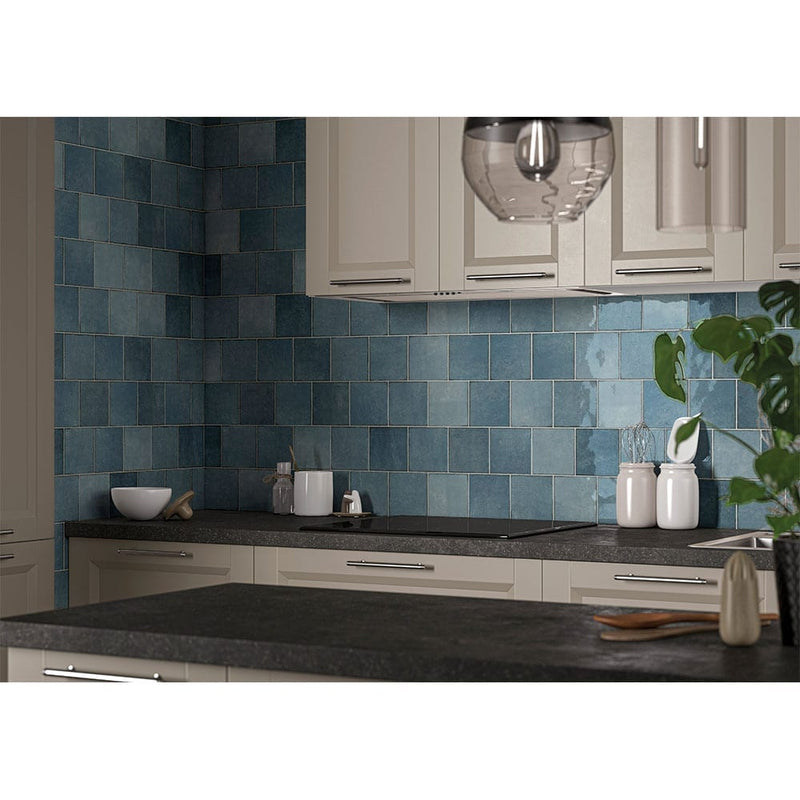 Renzo denim 5-x5 glossy ceramic blue wall tile NRENDEN5X5 product shot kitchen view