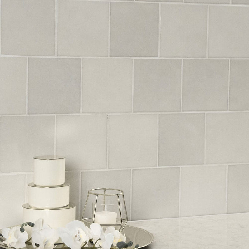 Renzo dove 5x5 glossy ceramic white wall tile NRENDOV5X5 product shot multiple tiles kitchen view 1