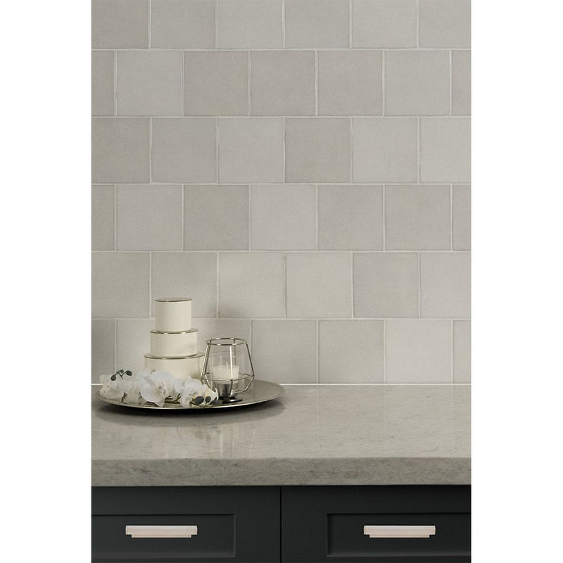 Renzo dove 5x5 glossy ceramic white wall tile NRENDOV5X5 product shot multiple tiles kitchen view 2