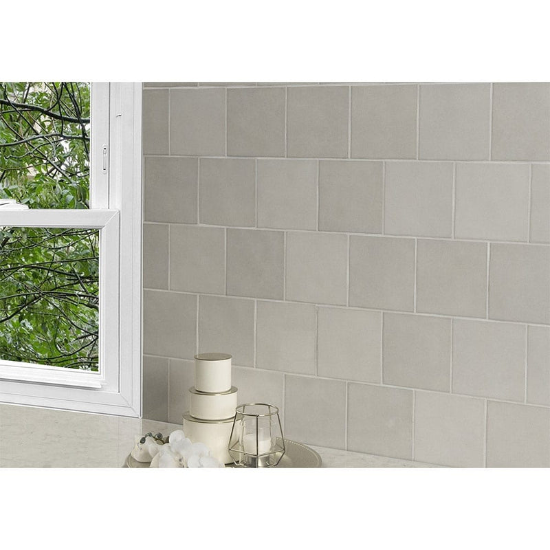 Renzo dove 5x5 glossy ceramic white wall tile NRENDOV5X5 product shot multiple tiles kitchen view 3