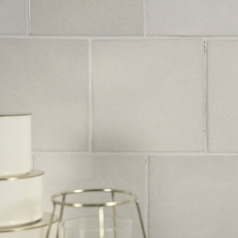 Renzo dove 5x5 glossy ceramic white wall tile NRENDOV5X5 product shot multiple tiles kitchen view 4