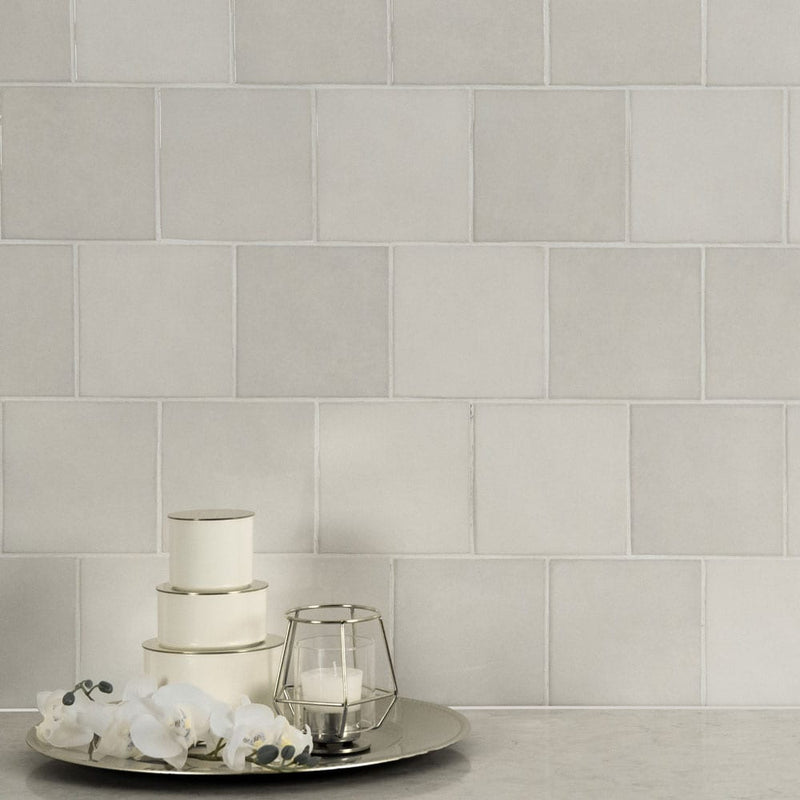 Renzo dove 5x5 glossy ceramic white wall tile NRENDOV5X5 product shot multiple tiles kitchen view