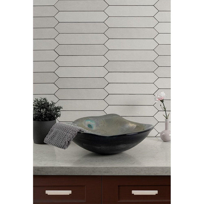 Renzo dove pickett 2.5x13 glossy ceramic white wall tile NRENDOVPIC2.5X13 product shot multiple tiles bath view 2