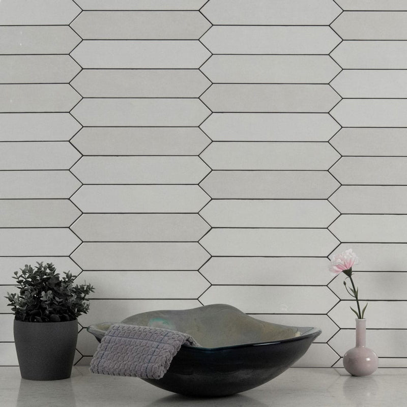 Renzo dove pickett 2.5x13 glossy ceramic white wall tile NRENDOVPIC2.5X13 product shot multiple tiles bath view